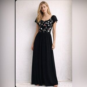 Vintage Lapis Black Floral Embroidered Maxi Dress Size L